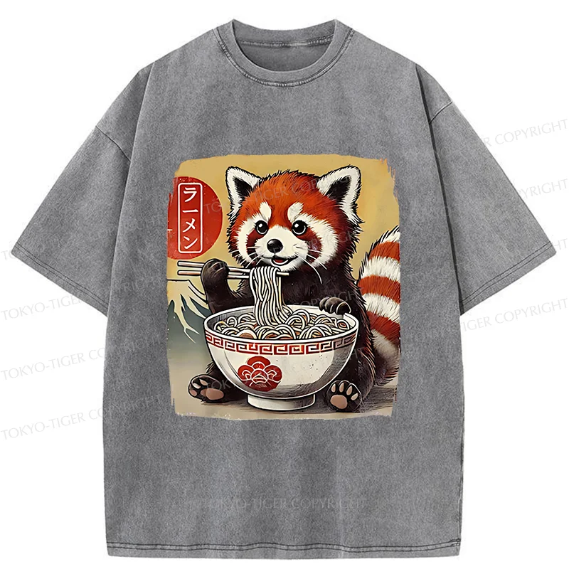 Tokyo-Tiger Cute Raccoon Eating Ramen Washed T-Shirt
