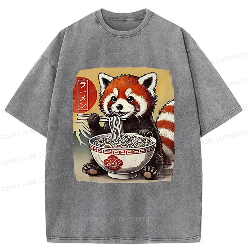 Tokyo-Tiger Cute Raccoon Eating Ramen Washed T-Shirt
