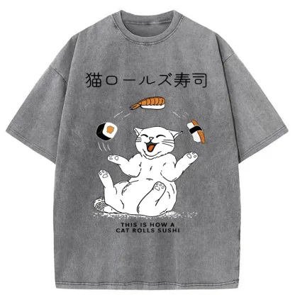 Tokyo-Tiger Funny Cat Rolls Sushi Washed T-Shirt