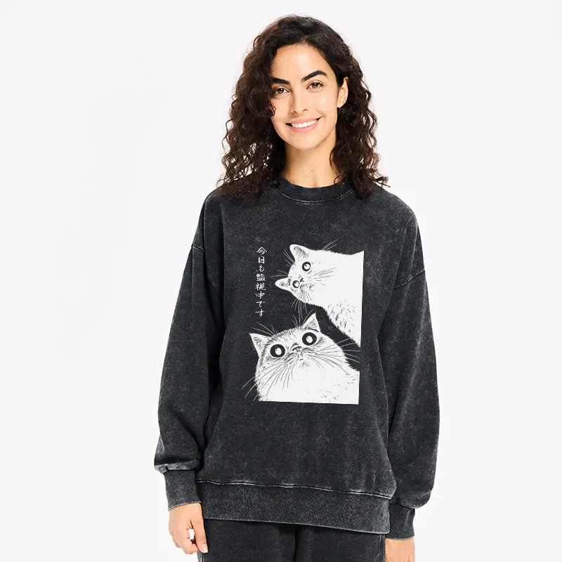 Tokyo-Tiger The Cat Is Watching Today Washed Sweatshirt