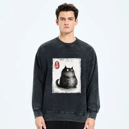 Tokyo-Tiger Auspicious Fluffy Black Cat Ink Painting Washed Sweatshirt