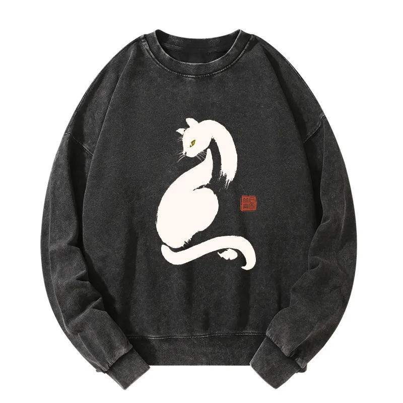 Tokyo-Tiger Elegant Black Cat Japan Washed Sweatshirt