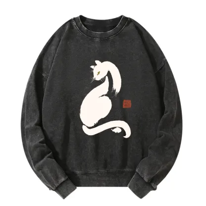 Tokyo-Tiger Elegant Black Cat Japan Washed Sweatshirt