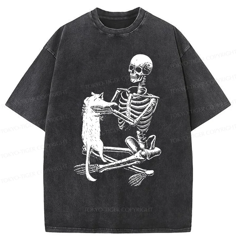 Tokyo-Tiger Skeleton And His Cat Washed T-Shirt