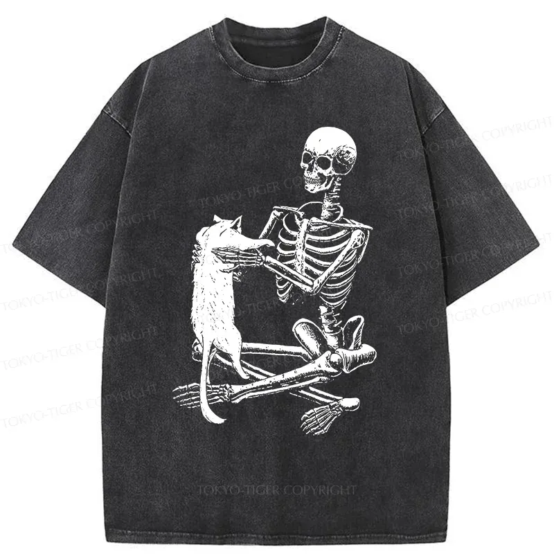 Tokyo-Tiger Skeleton And His Cat Washed T-Shirt Sale