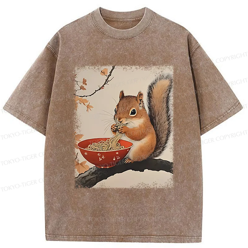Tokyo-Tiger Squirrel Eating Ramen Washed T-Shirt