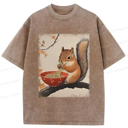 Tokyo-Tiger Squirrel Eating Ramen Washed T-Shirt