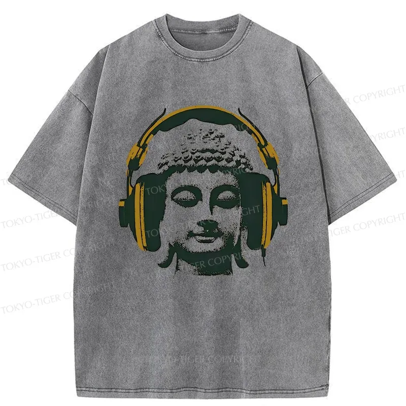 Tokyo-Tiger Buddha Listening To Music Washed T-Shirt