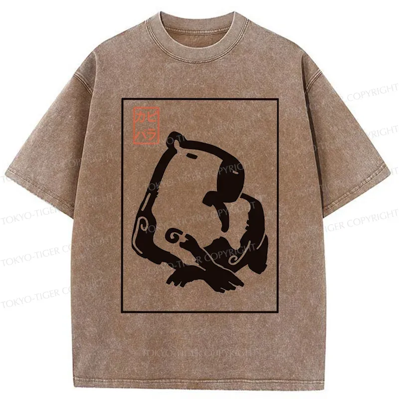 Tokyo-Tiger Woodblock Print Capybara Washed T-Shirt