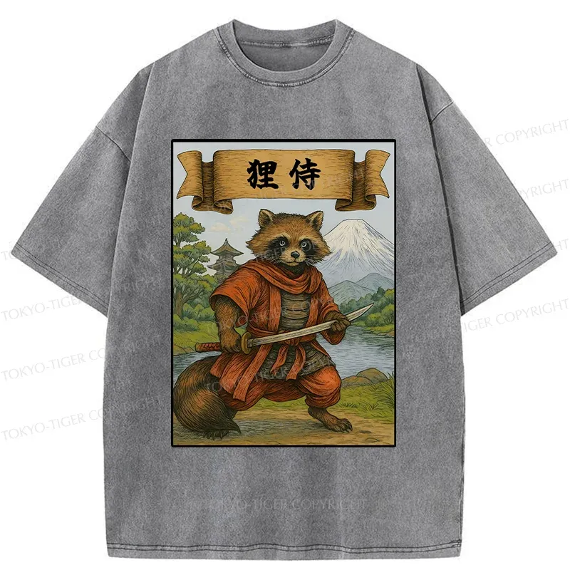Tokyo-Tiger Raccoon Samurai Japan Washed T-Shirt
