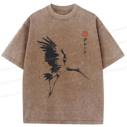 Tokyo-Tiger Japanese Crane Ink Painting Washed T-Shirt