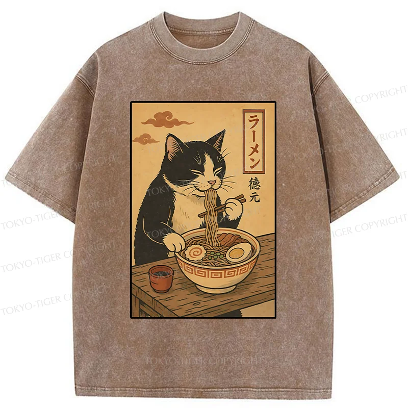 Tokyo-Tiger Tuxedo Cat Eats Ramen Washed T-Shirt
