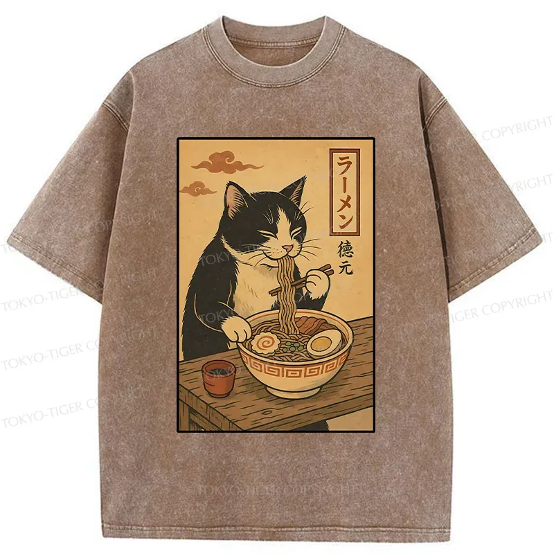 Tokyo-Tiger Tuxedo Cat Eats Ramen Washed T-Shirt