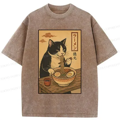 Tokyo-Tiger Tuxedo Cat Eats Ramen Washed T-Shirt
