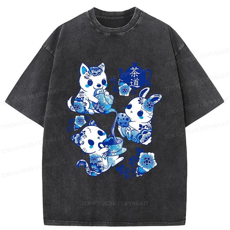 Tokyo-Tiger Blue And White Porcelain Washed T-Shirt
