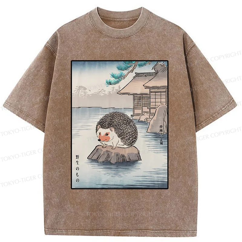 Tokyo-Tiger Hedgehog Taking A Hot Spring Bath Washed T-Shirt
