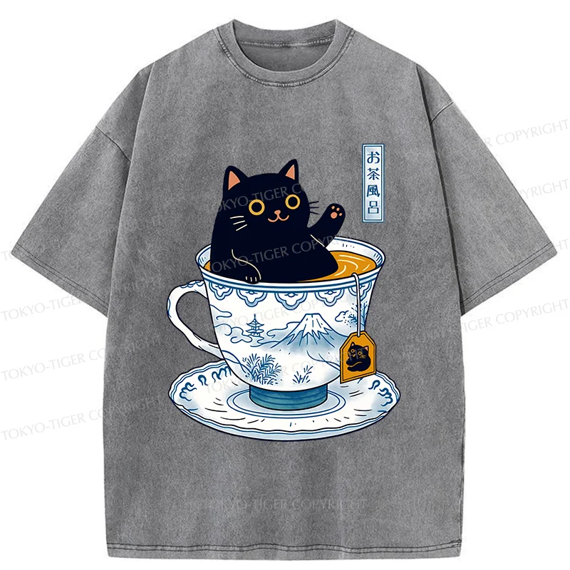 Tokyo-Tiger Cat In Teacup Washed T-Shirt