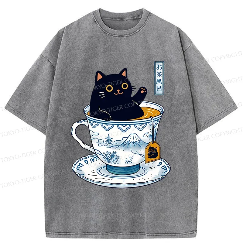 Tokyo-Tiger Cat In Teacup Washed T-Shirt