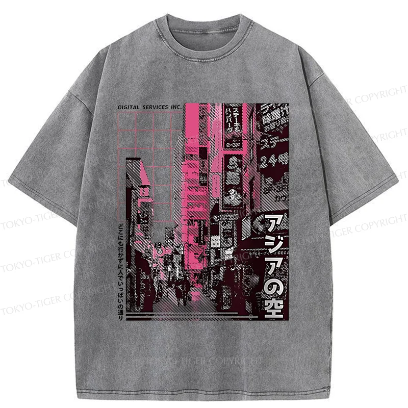 Tokyo-Tiger Tokyo Street Scene Washed T-Shirt