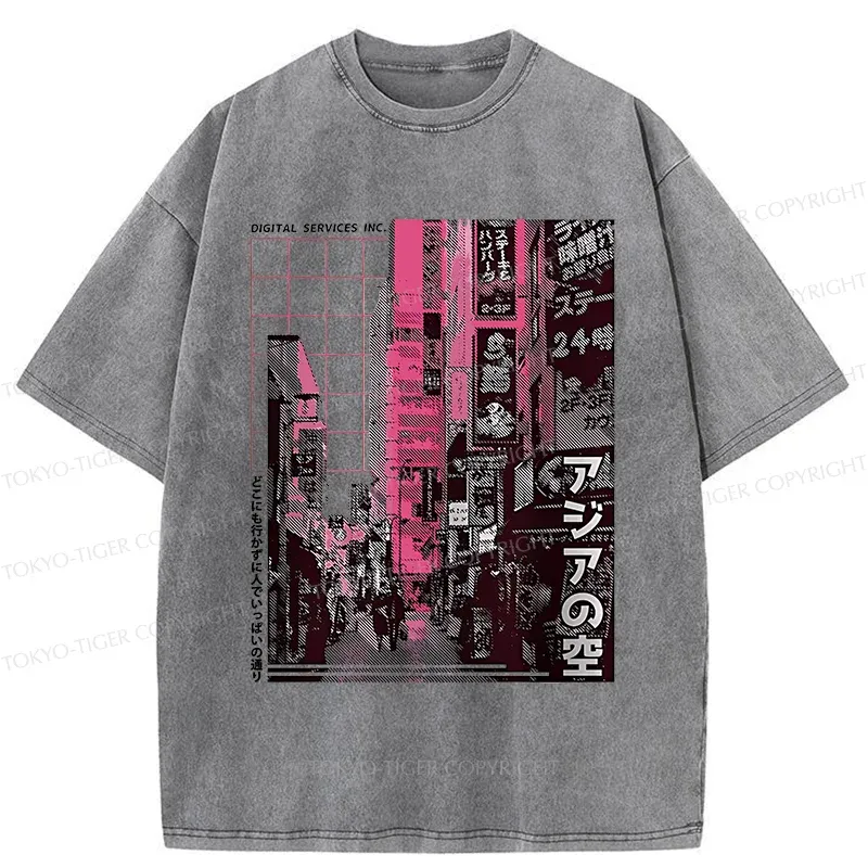 Tokyo-Tiger Tokyo Street Scene Washed T-Shirt