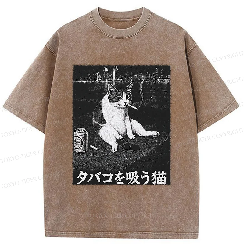 Tokyo-Tiger Smoking Cat Funny Washed T-Shirt