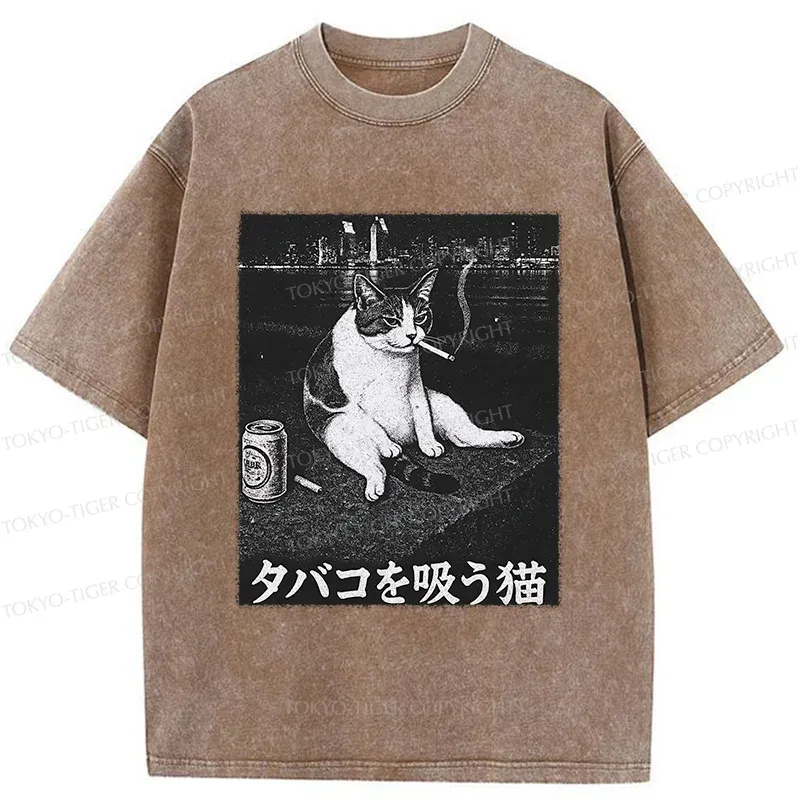 Tokyo-Tiger Smoking Cat Funny Washed T-Shirt