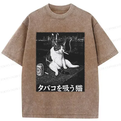 Tokyo-Tiger Smoking Cat Funny Washed T-Shirt