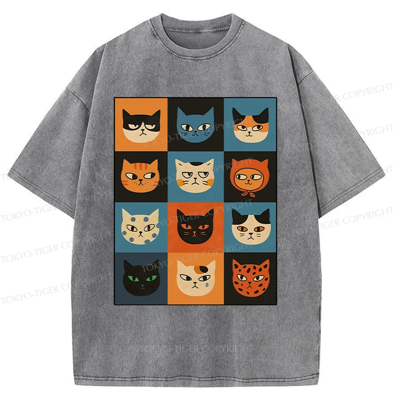 Tokyo-Tiger Cat Stamps Washed T-Shirt