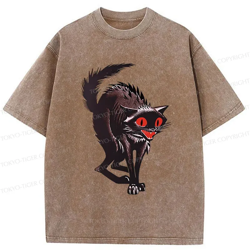 Tokyo-Tiger Halloween Scary Black Cat Washed T-Shirt