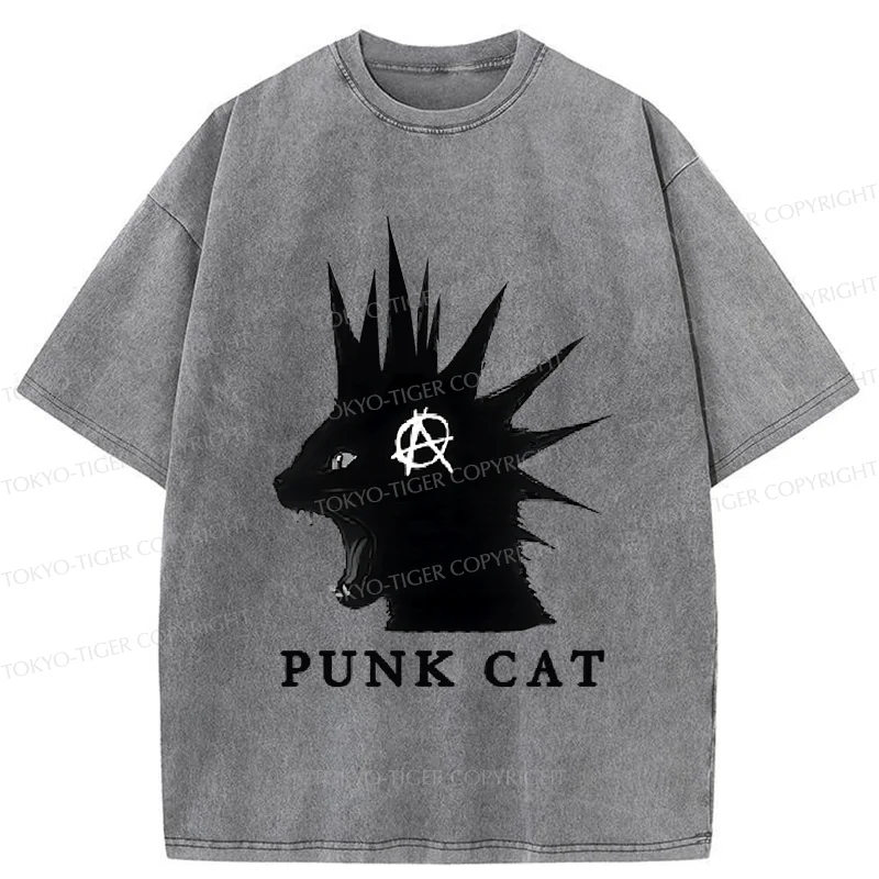 Tokyo-Tiger Punk Cat Funny Washed T-Shirt