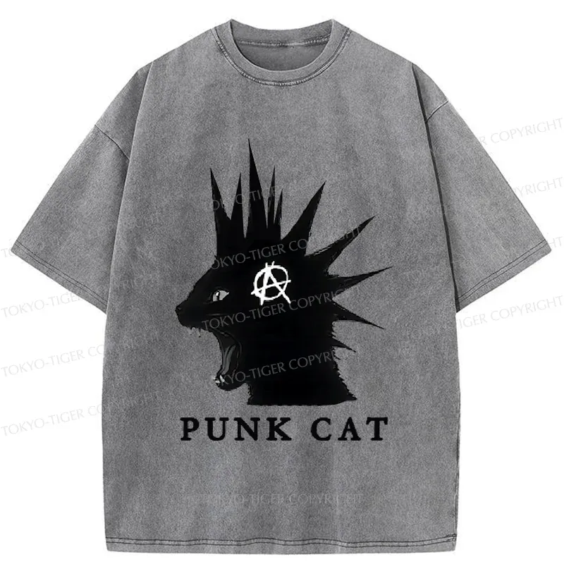 Tokyo-Tiger Punk Cat Funny Washed T-Shirt