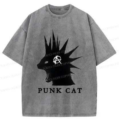 Tokyo-Tiger Punk Cat Funny Washed T-Shirt