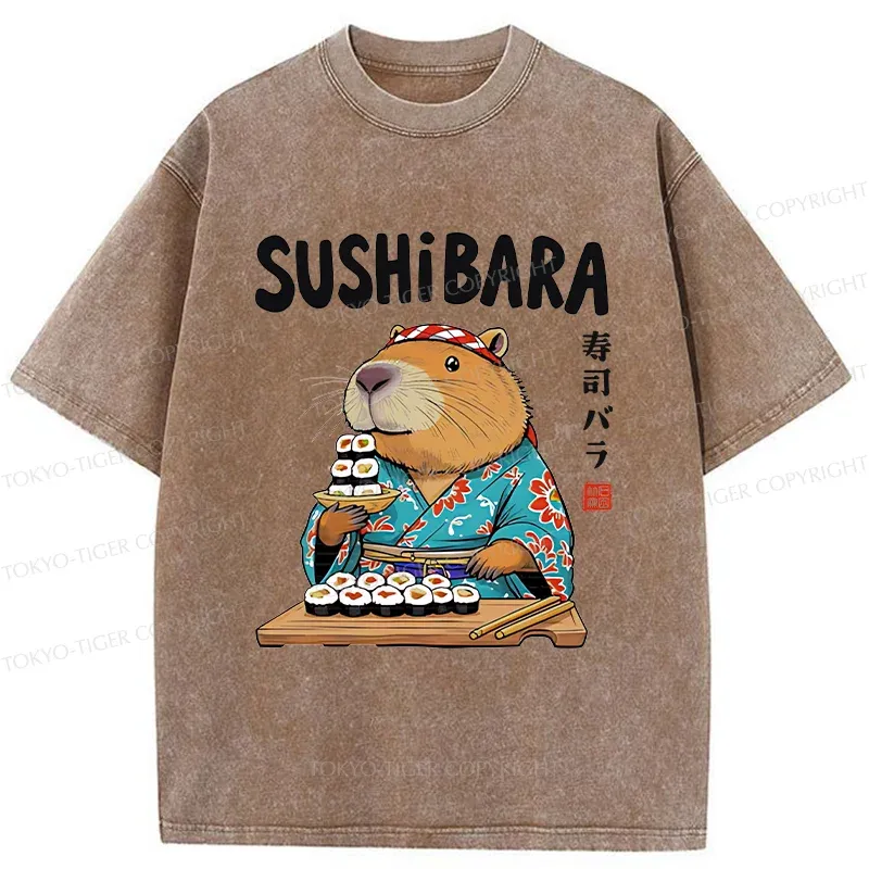 Tokyo-Tiger Capybara Sushi Chef Washed T-Shirt