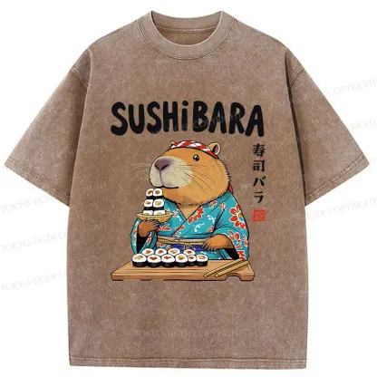 Tokyo-Tiger Capybara Sushi Chef Washed T-Shirt