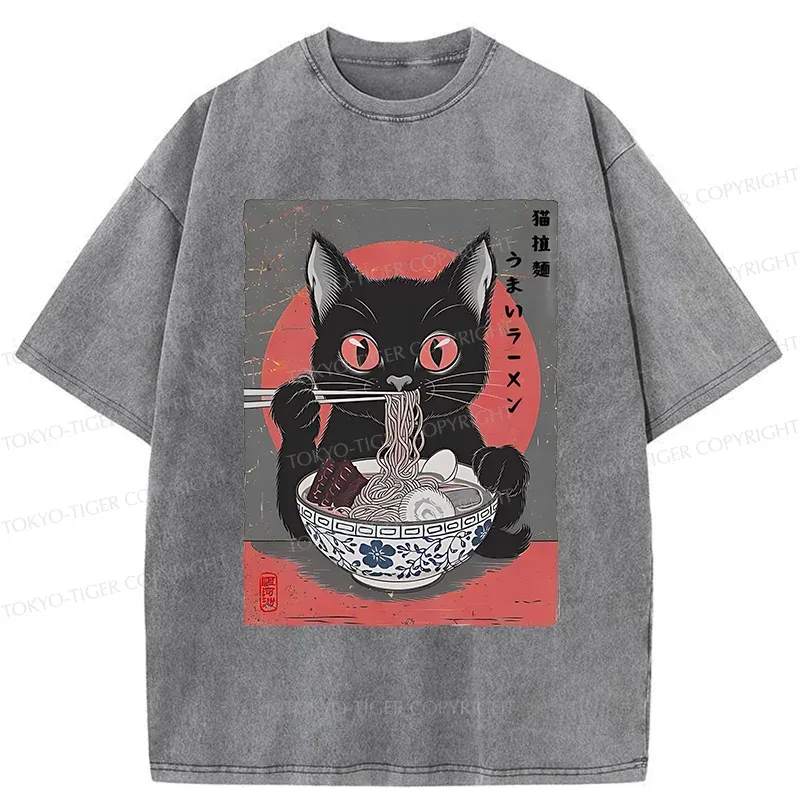 Tokyo-Tiger Black Cat Eating Delicious Ramen Washed T-Shirt
