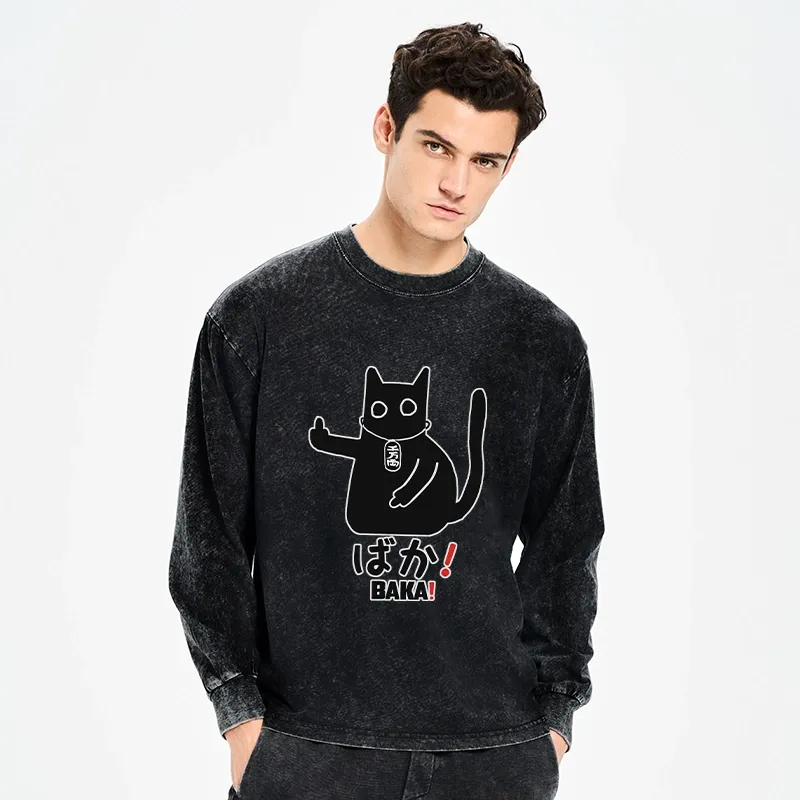 Tokyo-Tiger Japanese Baka Cat Washed Long Sleeve T-Shirt