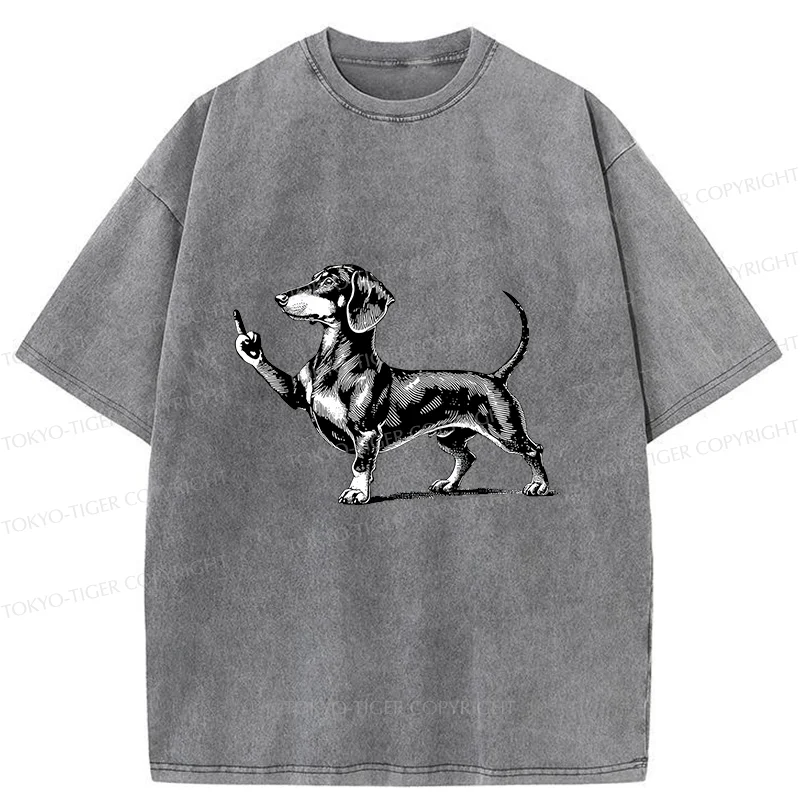 Tokyo-Tiger Dachshund Showing Middle Finger Washed T-Shirt