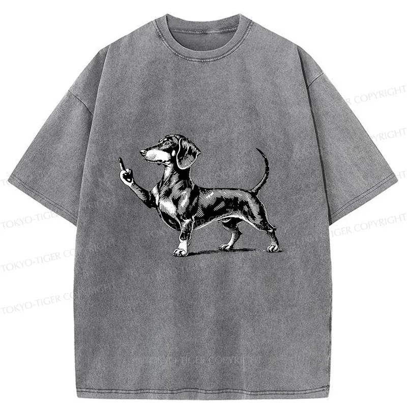 Tokyo-Tiger Dachshund Showing Middle Finger Washed T-Shirt