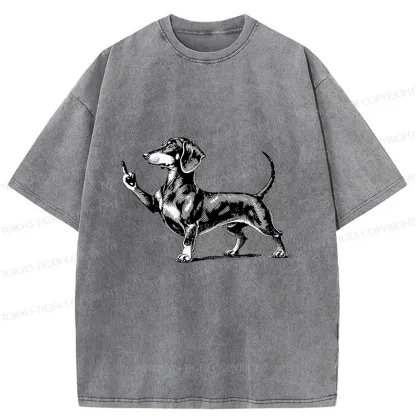 Tokyo-Tiger Dachshund Showing Middle Finger Washed T-Shirt