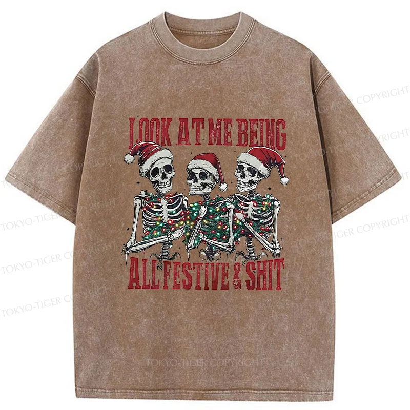 Tokyo-Tiger Funny Christmas Skull Washed T-Shirt