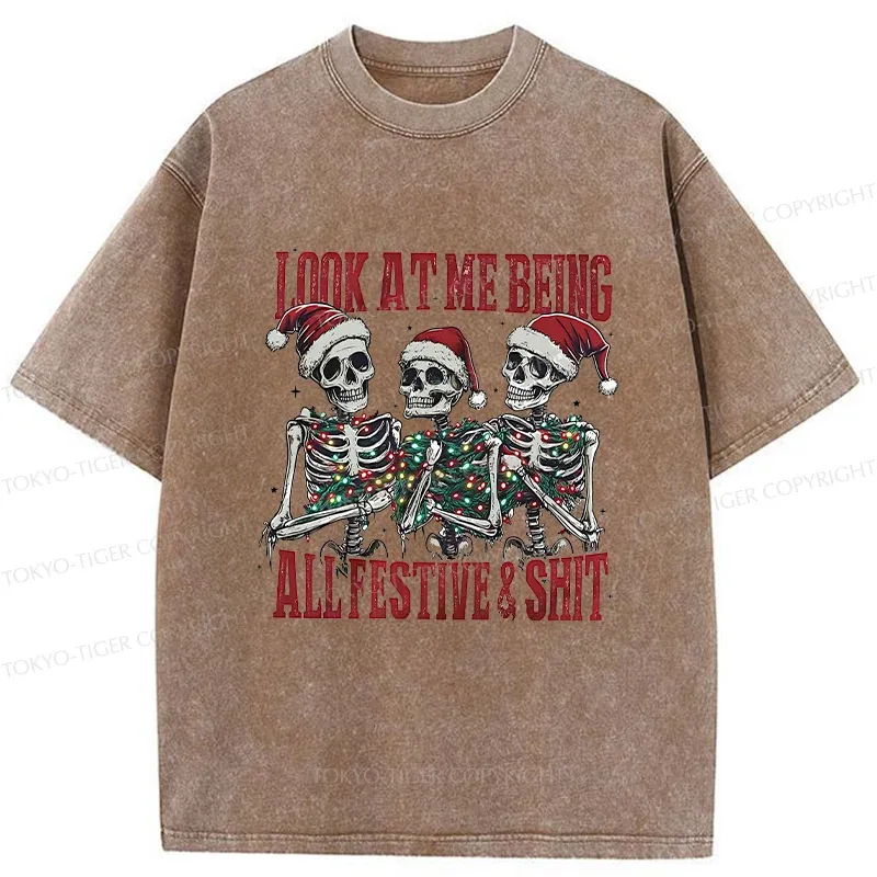 Tokyo-Tiger Funny Christmas Skull Washed T-Shirt