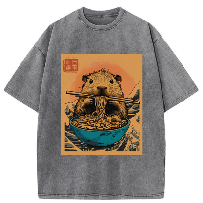 Tokyo-Tiger Opossum Eats Ramen Washed T-Shirt