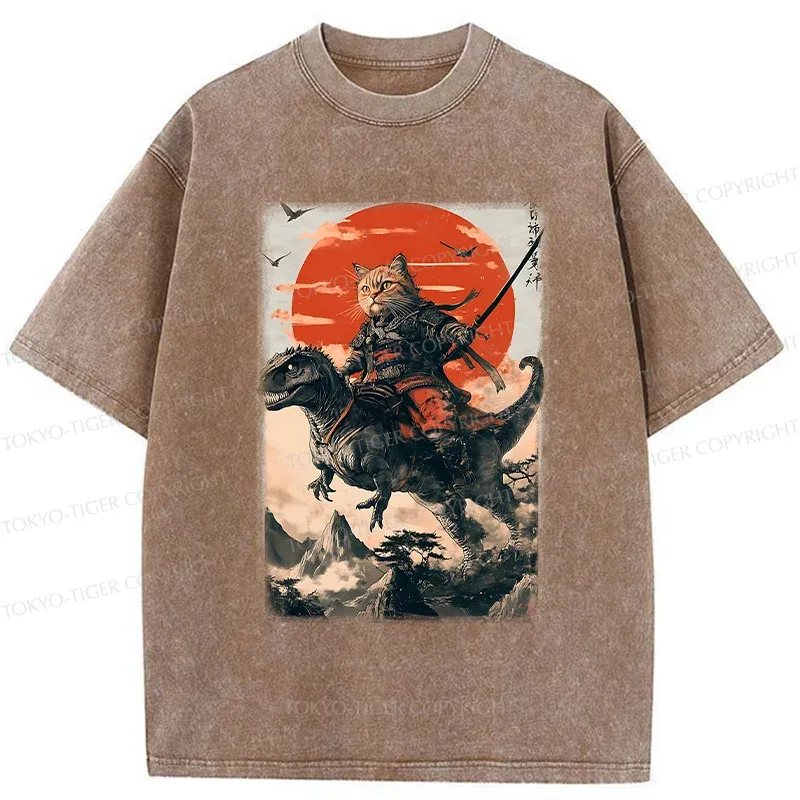 Tokyo-Tiger Brave Cat Samurai Washed T-Shirt