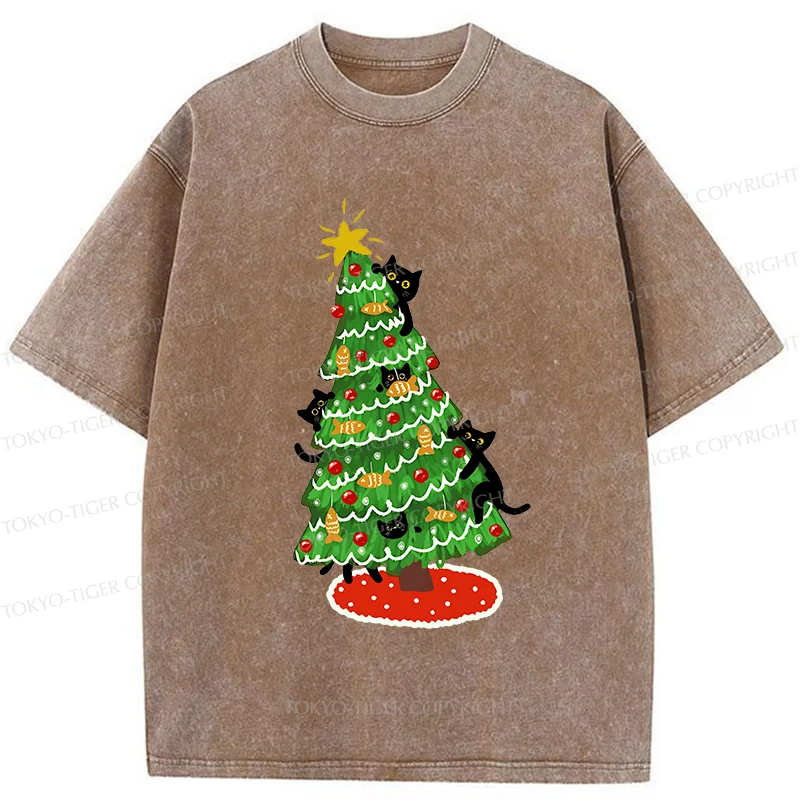 Tokyo-Tiger Christmas Tree Full Of Black Cats Washed T-Shirt