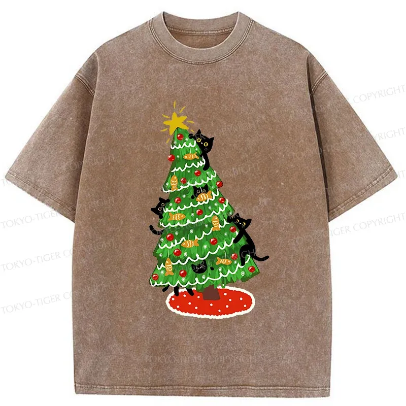 Tokyo-Tiger Christmas Tree Full Of Black Cats Washed T-Shirt