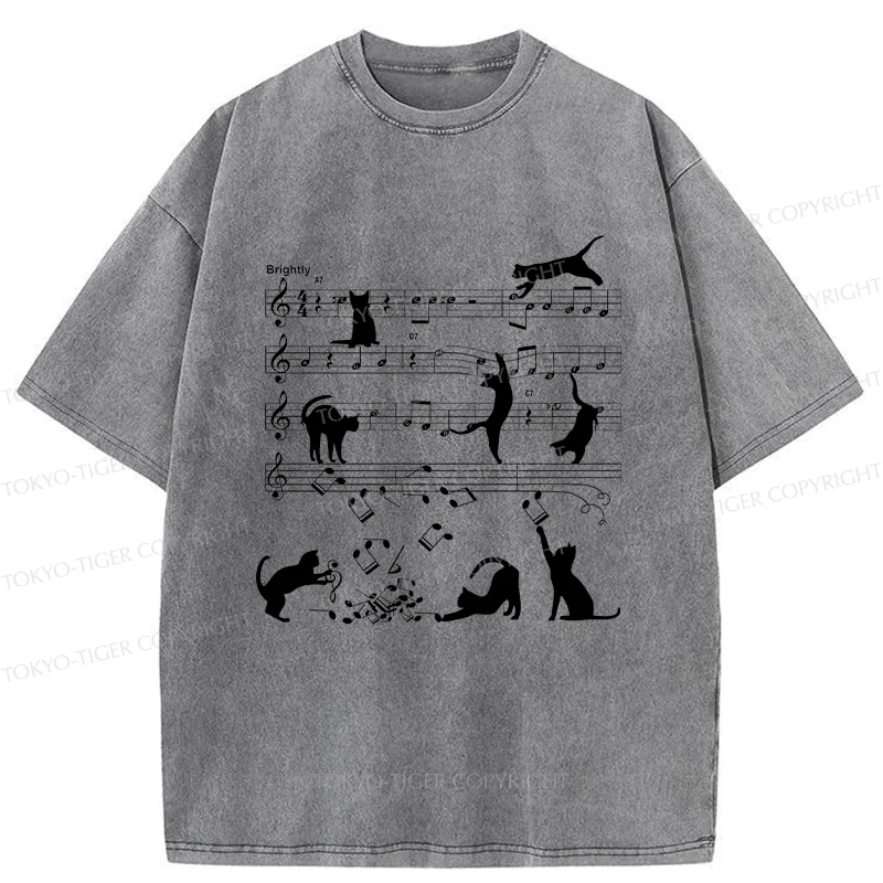 Tokyo-Tiger Cat Playing With Sheet Music Washed T-Shirt