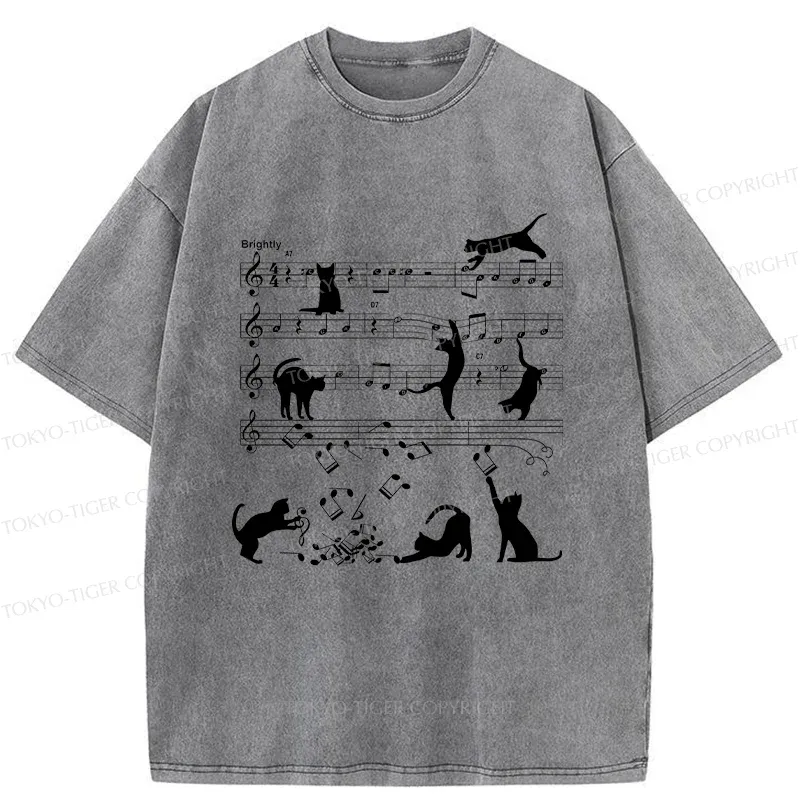 Tokyo-Tiger Cat Playing With Sheet Music Washed T-Shirt