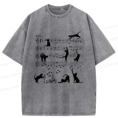 Tokyo-Tiger Cat Playing With Sheet Music Washed T-Shirt