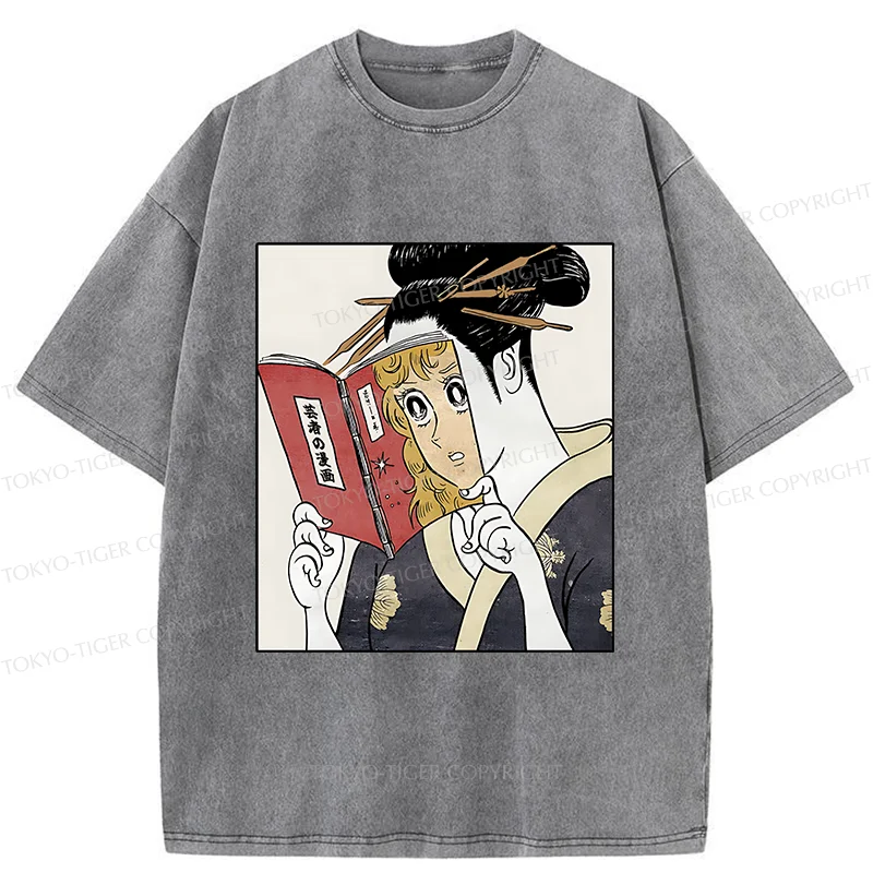 Tokyo-Tiger Geisha Reading Girls' Comics Washed T-Shirt