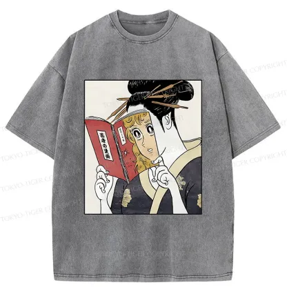 Tokyo-Tiger Geisha Reading Girls' Comics Washed T-Shirt